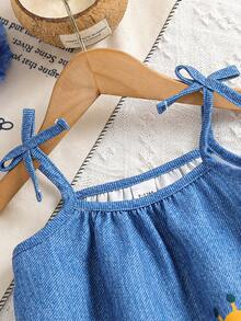 SHEIN Baby Girl Clothing Baby Girl Dress Full Floral Pattern Suspender Bow Summer Elegant And Fresh Dress - Blue - View 5