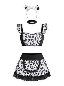 5pcs Cow Print Sexy Lingerie Set - Black and White - View 3