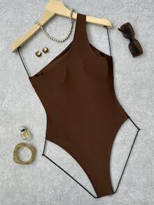 SHEIN Swim 1pc Solid Color Hollow Out Asymmetric Metal Decor Swimsuit For Women Holiday Beach Party Pool Party Chocolate Brown Summer - Brown - View 2