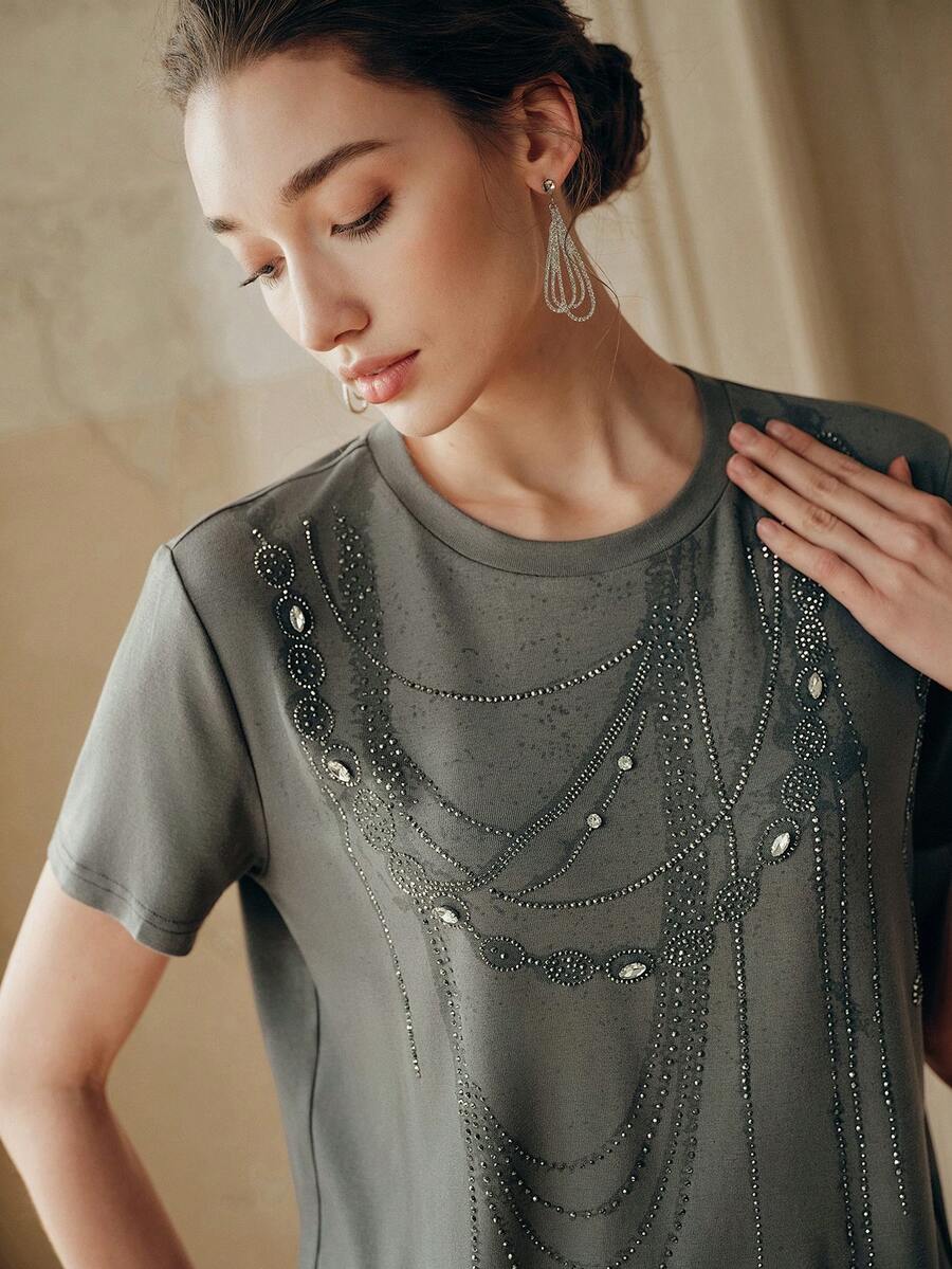 Anewsta Women's Heavy Chain Print Rhinestone Embellished T-Shirt - Grey - View 1