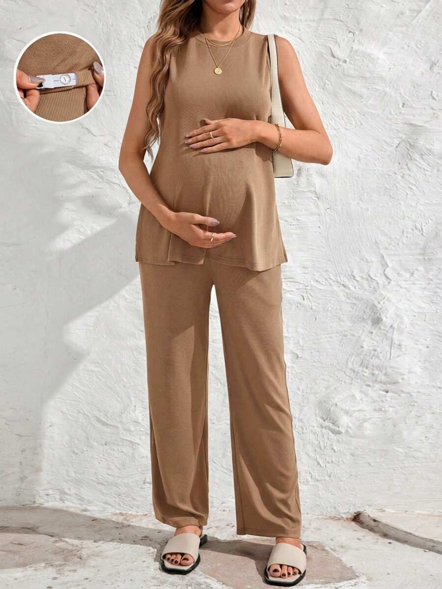 SHEIN Bộ đồ bầu thanh lịch, không tay cổ tròn xẻ tà bên hông, gồm áo hai dây và quần ống đứng cạp chun điều chỉnh được, gồm 2 món. - Màu Khaki - Xem 1