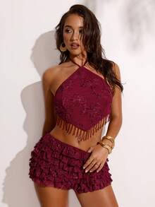 SHEIN BAE Áo tank top cổ yếm hở lưng, chất liệu vải hoa văn, có tua rua, thích hợp cho kỳ nghỉ biển, lễ hội âm nhạc, tụ họp bạn bè, phong cách Y2K, áo hở lưng gợi cảm. - Đỏ - Xem 5