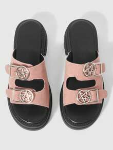 ROMWE Grunge Punk Sandali con cinturini in stile punk rock europeo e americano con fibbia in metallo, sandali da spiaggia romani a punta aperta, sandali con zeppa platform gotica per vacanze estive e Ognissanti - Panno rosa - Visualizzare 2