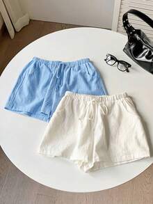 Comfortcana 2条浅蓝色和白色棉麻抽绳腰短裤 - 淺藍色 - 查看 4