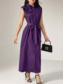 Heiryn Women's Elegant Solid Color 3D Floral Waist Sleeveless Dress ,Summer Dress,Spring Dresses For Women - Purple - View 4