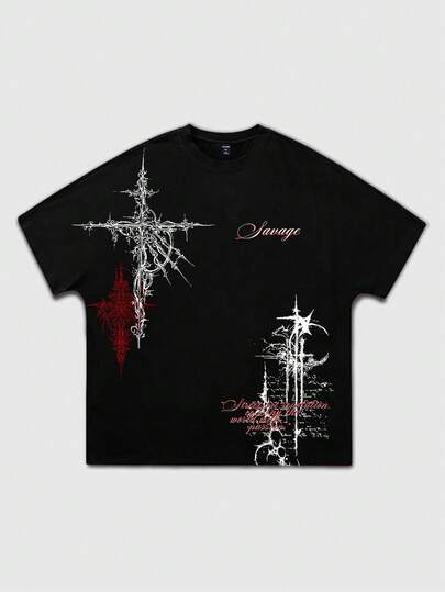 ROMWE MEN Goth Men's Batwing Sleeve Printed Short Sleeve T-Shirt, Suitable For Everyday Wear In Spring/Summer