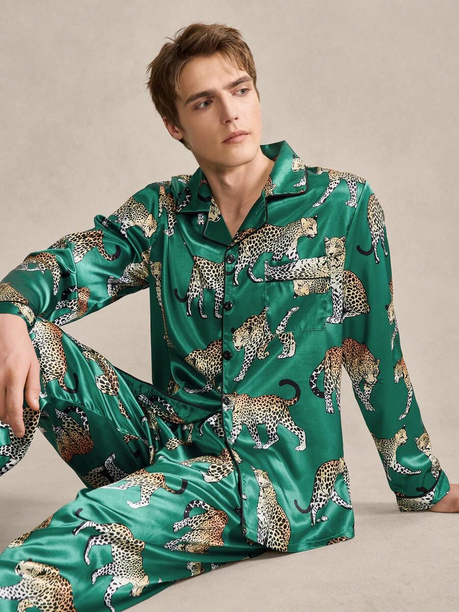 男士豹纹翻领长袖衬衫长裤睡衣套装，春秋季 - 彩色 - 查看 1