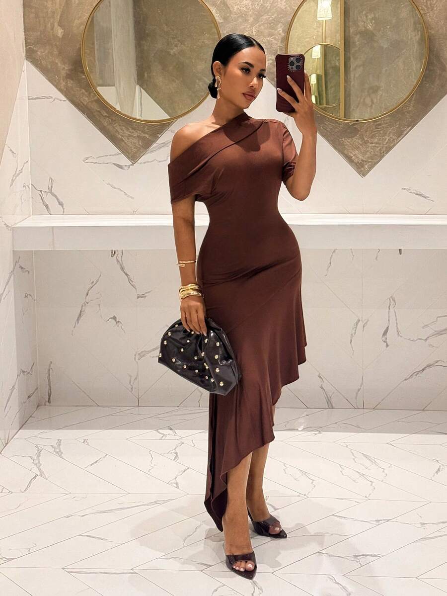 Slaydiva New Summer Style, Perfect For Birthday Parties, Back-To-School, Preppy, Student Wear, Everyday Outings, Basic And Versatile, Casual, Vacation, Cruise Travel, Beach, Seaside, Sunbathing, Online Style, Streetwear, Millennial Y2K Sexy Girl, Open Shoulder Ruffled Asymmetrical Hem Light Brown Dress - A - Brown - View 1