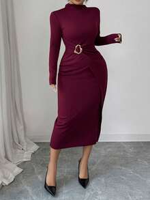 Elenzga Vestido ajustado elegante de unicolor con decoración metálica, talla grande, otoño - Burdeos - Ver 4