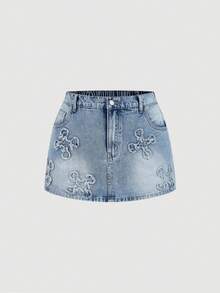 Sweetra Plus Size Fashionable Embroidered Casual Denim Shorts - Light Wash - View 1