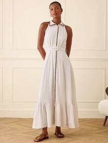 Lilora Vestido largo con cuello de camisa elegante para mujer - Blanco - Ver 5