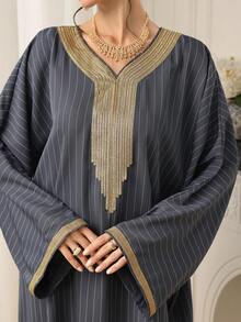 Al Najma Vestido largo de mujer con rayas, túnica larga tradicional árabe - Gris - Ver 7