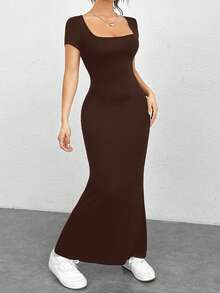 SHEIN EZwear Summer Outfits Square Neck Mermaid Hem Bodycon Dress - Brown - View 1