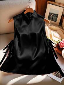 Franclia 新款纯色优雅无袖衬衫，配蝴蝶结、立领、开衩和系带 - 黑色 - 查看 3