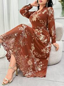 DAZY 女士优雅亮片印花立领连衣裙，春夏婚礼宾客礼服/吊带裙 - 亮橙色 - 查看 3