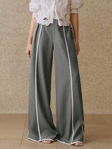 Anewsta 春秋季高腰灰白撞色弹力腰显瘦直筒裤（女款） - 灰色 - 查看 1