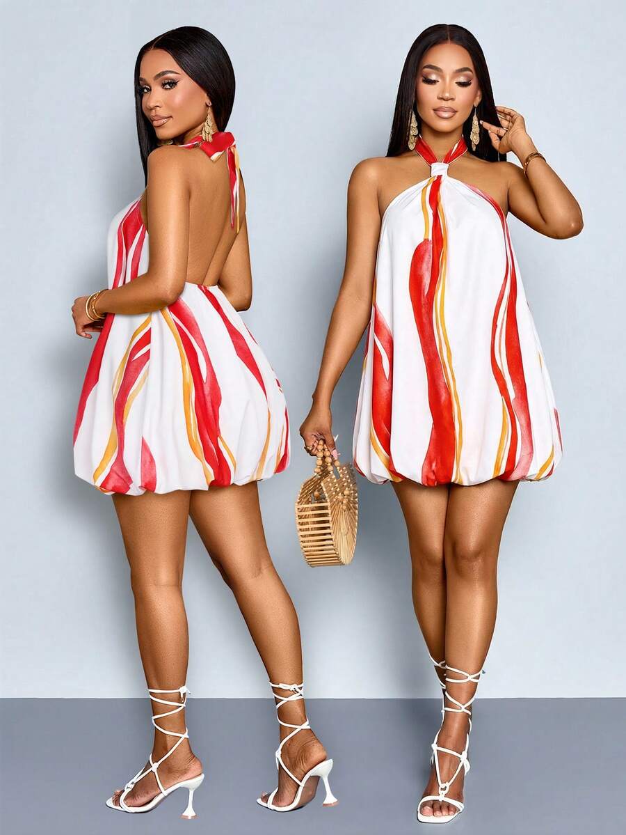 SOLERSUN Sexy And Elegant Commuter Casual Women's Bubble Hem Style Mini Dress Spring/Summer Women's Clothing Beach Vacation - Red and White - View 1