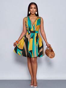 SOLERSUN 女士优雅新款度假热带印花V领收腰连衣裙，完美适用于工作日和周末休闲场合，休闲又不失时尚感。 - 綠色 - 查看 7