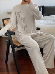 DAZY 2件套女士蝴蝶结拼接图案宽松长袖上衣和长裤睡衣套装，米色，秋季 - 白色 - 查看 6