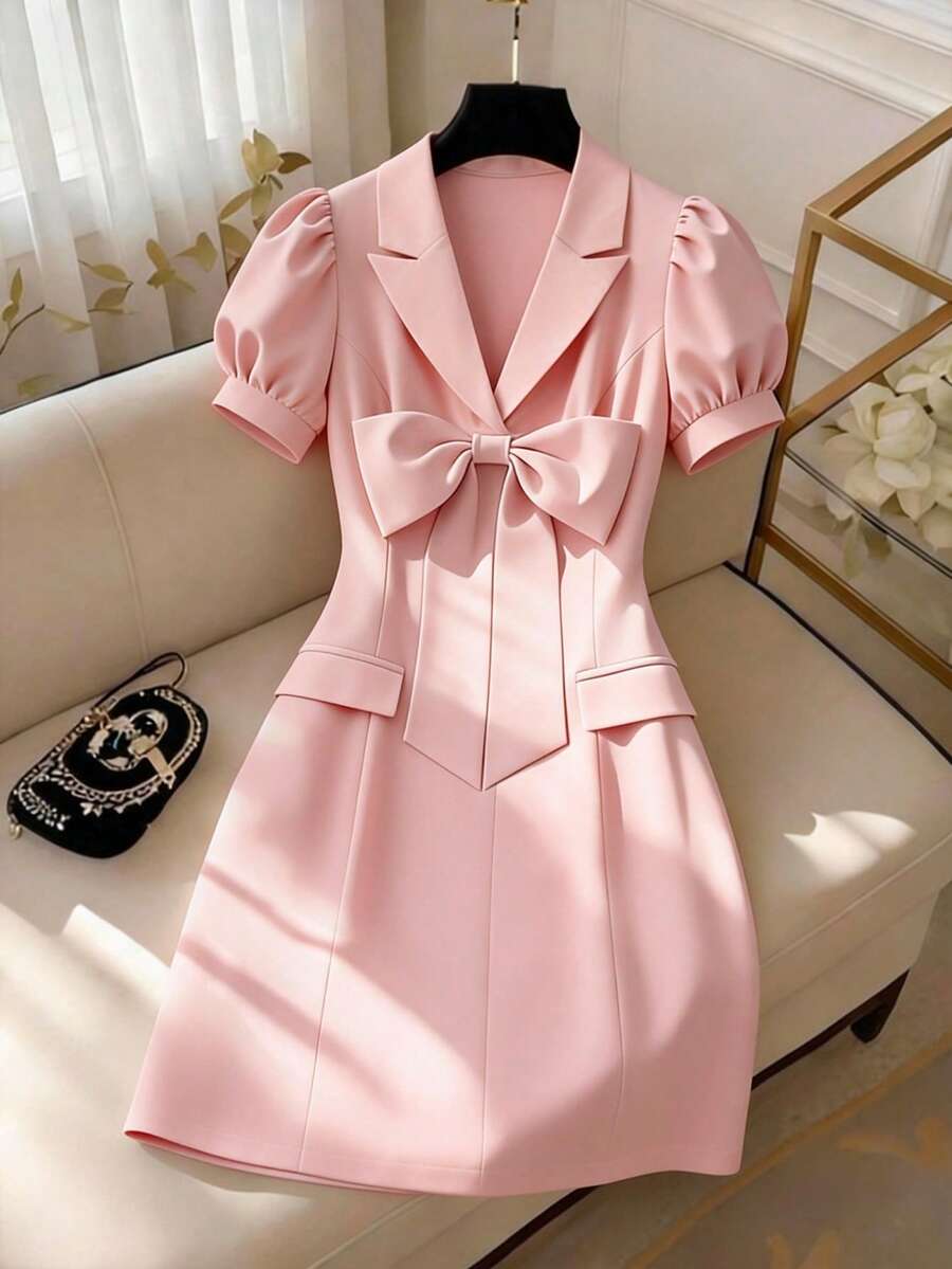 GlowEve CURVE Đầm ngắn nữ màu trơn cổ áo blazer thắt nơ tay phồng eo thon, kiểu dáng ngọt ngào cho buổi hẹn hò/tiệc trà chiều. - Hồng - Xem 1