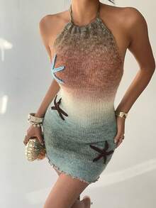 Aloruh 女士海星图案渐变色毛衣连衣裙 - 咖啡棕 - 查看 7