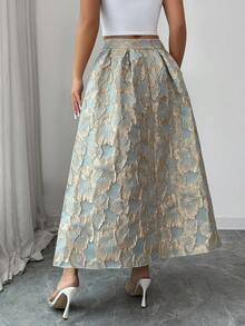 SHEIN Elenzya 女士提花褶裥休闲百搭日常穿搭半身裙 - 綠色 - 查看 2