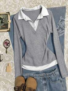 Glimmora 女士撞色领长袖休闲衬衫 - 灰色 - 查看 4