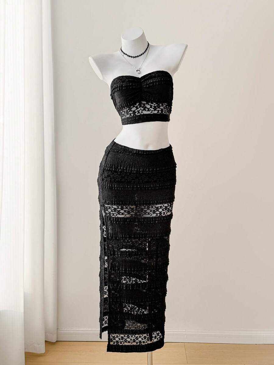 SHEIN Unity Summer New Fashionable Sexy Hollow-Out Solid Color Lace Bandeau Top + High Slit Maxi Skirt Romantic Vacation 2 Pieces Set For Women - Black - View 1