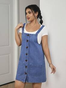 SHEIN PETITE 女士休闲牛仔连体裤连衣裙，双口袋设计，前襟纽扣闭合，夏季款 - 藍色 - 查看 6
