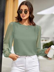 EMERY ROSE Blusa minimalista de cuello redondo, manga farol y parche de malla - verde menta - Ver 3