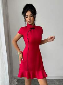 Franclia 女士优雅立领纽扣旗袍连衣裙，红色连衣裙，新年装扮 - Fiery Red - 查看 6