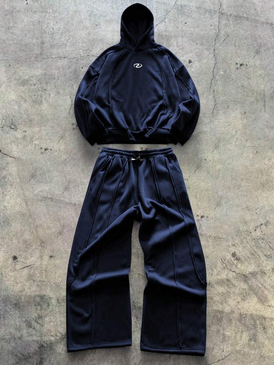 AXEPEAK Men's Rebel Hooded Sweatshirt And Sweatpants Casual Suit - Navy Blue - View 1