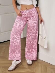 SHEIN PETITE Women's Pocket Button Leopard Print Casual Versatile Daily Wear Wide Leg Jeans - Multicolor - View 6