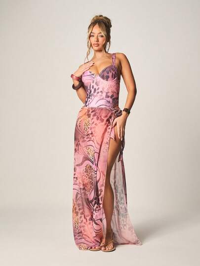 MISSGUIDED Two Piece Leopard Print Bikini Set With Tie Wrap Skirt Beach Cover Up Resort Vacation Swimwear