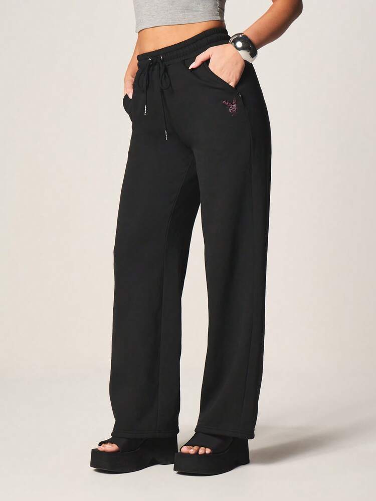 Missguided x Playboy Rhinestone Embellished Wide Leg Drawstring Sweatpants With Script Detail And Elastic Waistband For Casual Comfort