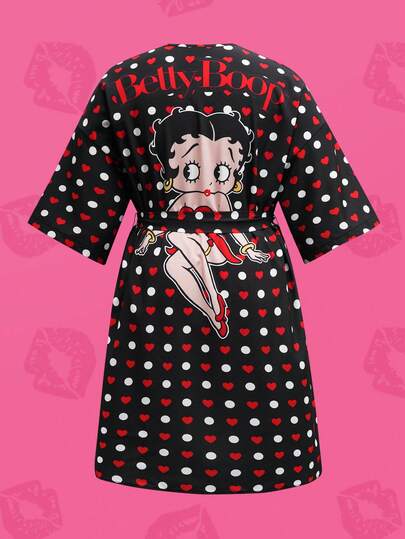 Betty Boop x SHEIN رداء فضفاض مزين برسوم كرتونية وبنقاط بولكا قلبية للنساء ذوات الحجم الكبير مع حزام