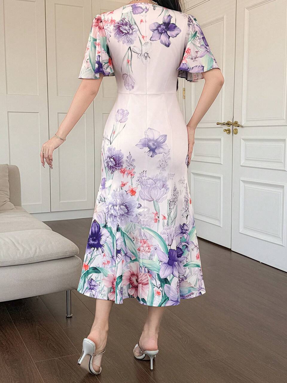Women's Elegant Floral Print Square Neck Ruffle Sleeve Fishtail Midi Dress, Summer Wedding Guest Dress Sundress