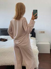 DAZY Elegant Soft Knit Lace Patchwork Women Pajama Set - Khaki - View 2