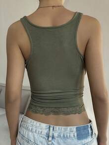 Joudiya 春夏黑色休闲街头镂空蕾丝拼接修身吊带背心，适合婚礼、派对、情人节等场合，Y2K风格 - 軍綠色 - 查看 3