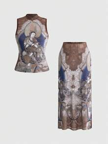 ROMWE Avant Spring/SummergraphicElegant 2-Piece Set: Chinese Style Buddha Painting Print Mandarin Collar Sleeveless Top And Skirt - Multicolor - View 7