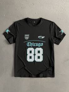 StoneGrade 男士字母和星星图案印花圆领短袖T恤，休闲百搭，适合夏季 - 黑色 - 查看 1