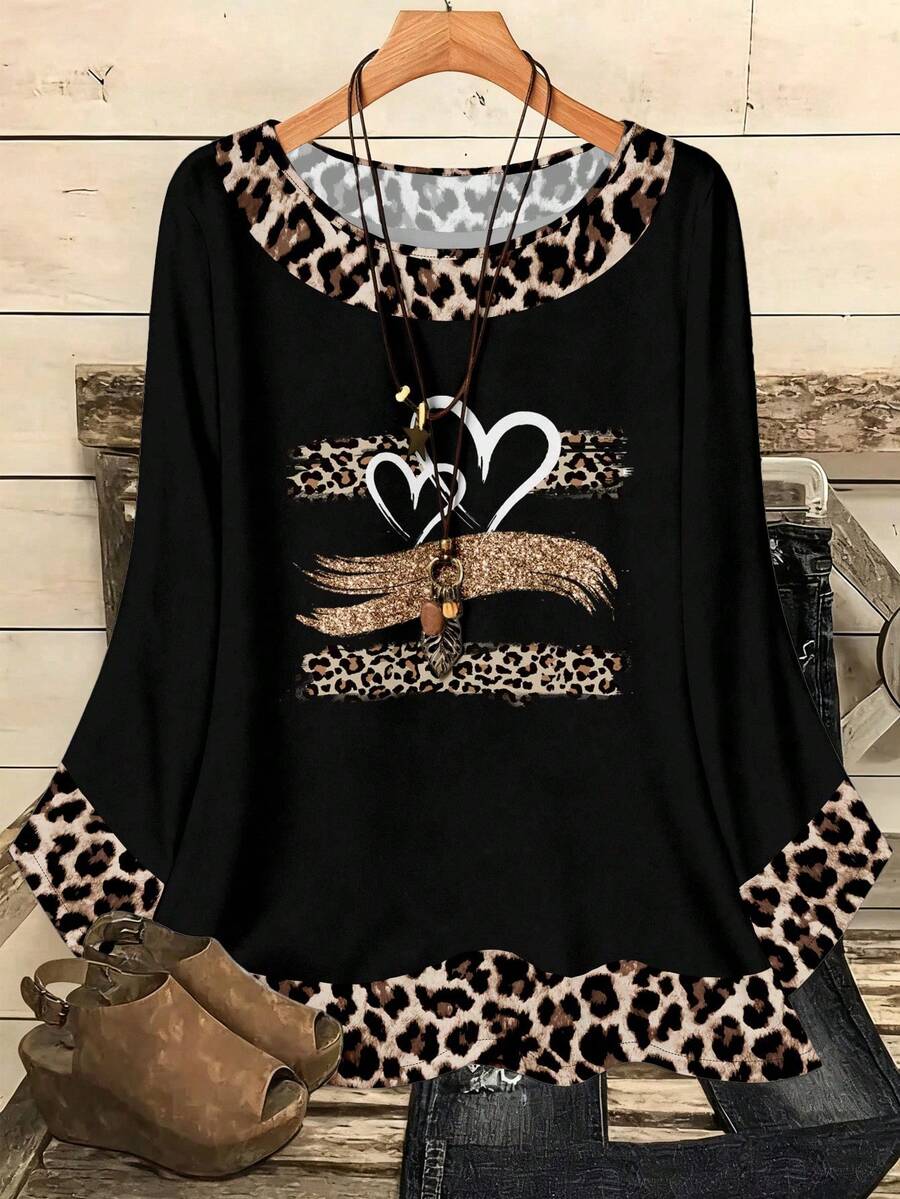 EMERY ROSE Áo sơ mi nữ tay lửng dáng rộng họa tiết trái tim in hình da báo, thích hợp mặc mùa thu/đông, áo dài tay in hình da báo cho nữ, kiểu dáng thường ngày. - Nhiều màu - Xem 1