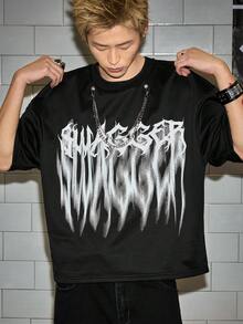 ROMWE MEN Grunge Punk 男士荆棘深色字母装饰圆领链条短袖T恤 - 黑色 - 查看 1