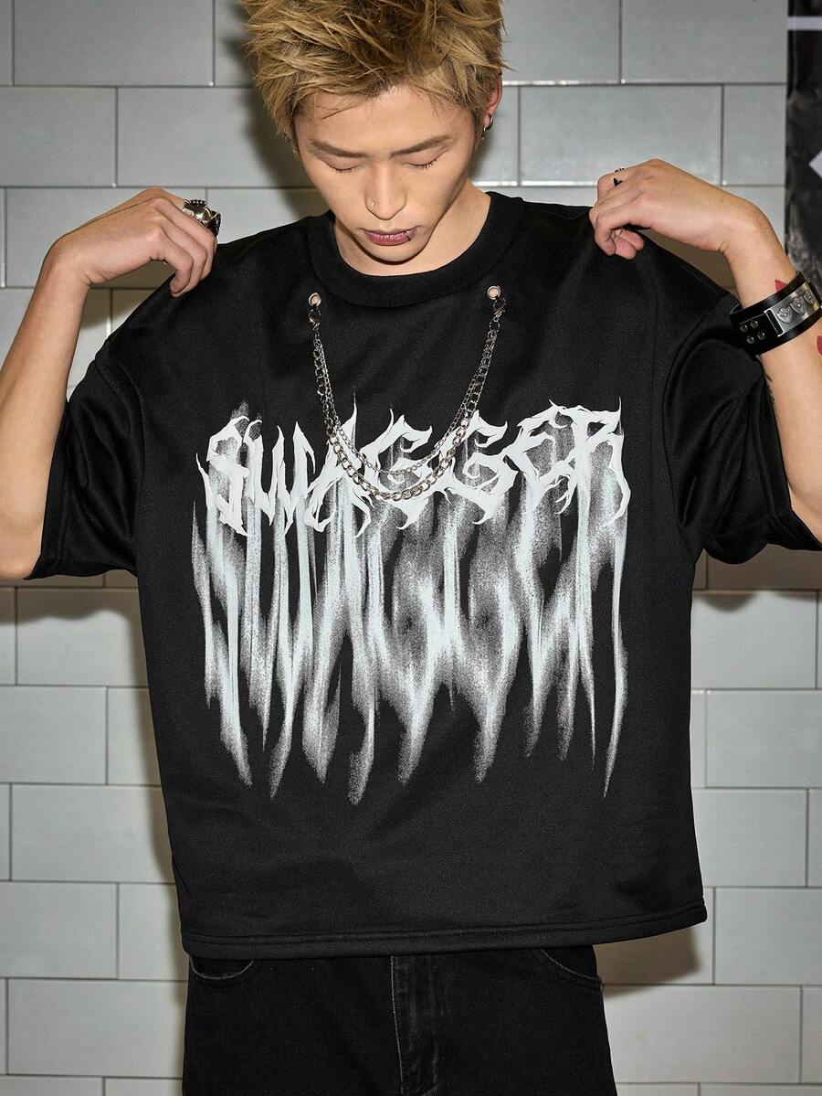ROMWE MEN Grunge Punk 男士荆棘深色字母装饰圆领链条短袖T恤 - 黑色 - 查看 1