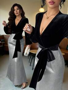 SHEIN Raffinéa Elegantes Damen Samt Top&Rock Set, Schwarz und Silber Farbblock V-Ausschnitt Tailliertes Mode Outfit, geeignet für Abendparty, Essen, formell, Herbsturlaub - Silber - Übersicht 3