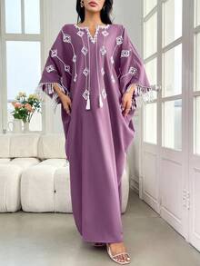Yasmyna 女士流苏土耳其长裙，传统阿拉伯长袍 - 紫色 - 查看 3
