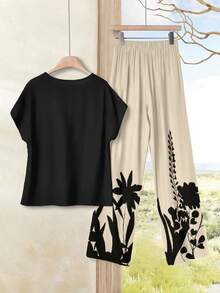 Rusticease 2pcs/Set Women Casual Black Round Neck Top And Loose Floral Print Pattern Pants, Versatile Outfit Suitable For Spring And Summer - Multicolor - View 2
