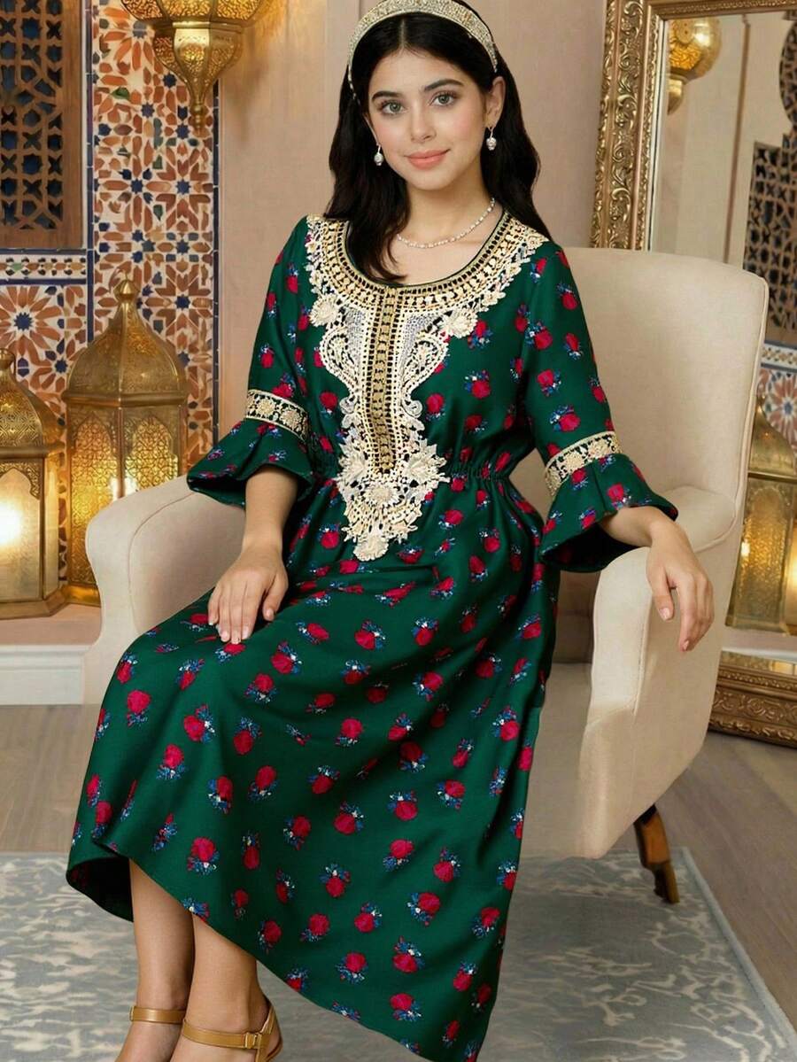 Casuvi Kids 少女复古印花喇叭形刺绣滚边优雅长袖圆领连衣裙 - 彩色 - 查看 1