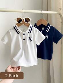 Souflis Souflis 2pcs/Set Summer Casual Solid Color Embroidered Polo Collar Baby Boy Tops Set - Multicolor - View 3