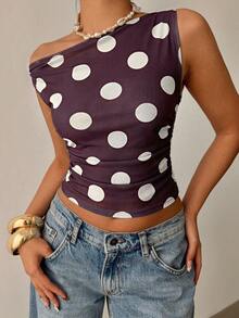 Siren Gaze 女士波点无袖上衣，时尚百搭，适合夏季休闲穿着，修身剪裁，是海滩度假、节日庆典、外出活动的理想之选。不对称褶皱领口设计，时尚百搭，是夏季假期、嘉年华活动、度假休闲的完美搭配。 - 巧克力棕 - 查看 1
